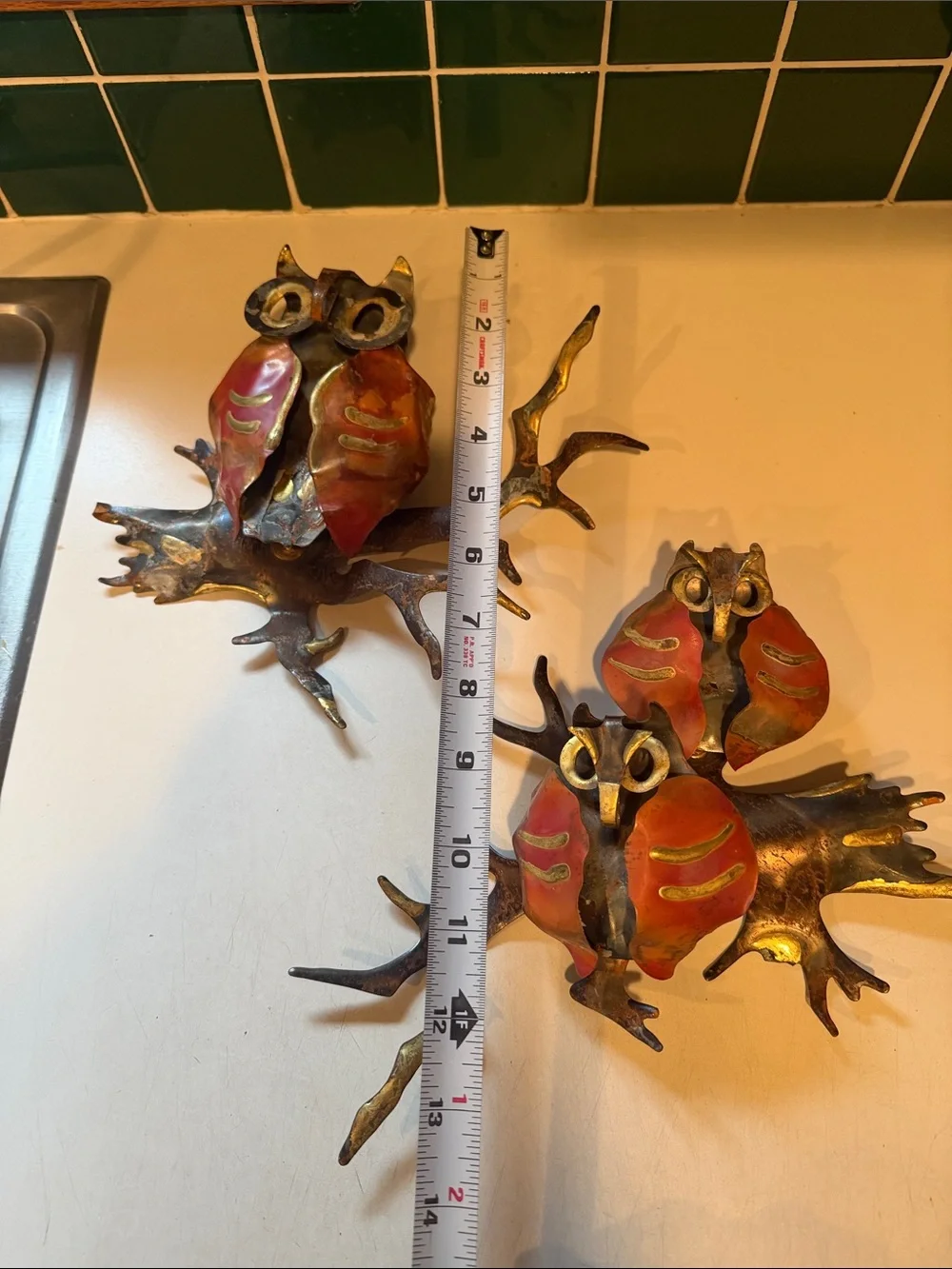 MCM Brutalist Metal Owl Wall Art Hanging Sculpture Gold Enamel Home Interiors X2